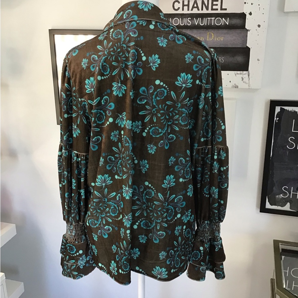 Women's Brown Floral Button-Up Blouse with Teal Print - Picture 4 of 5
